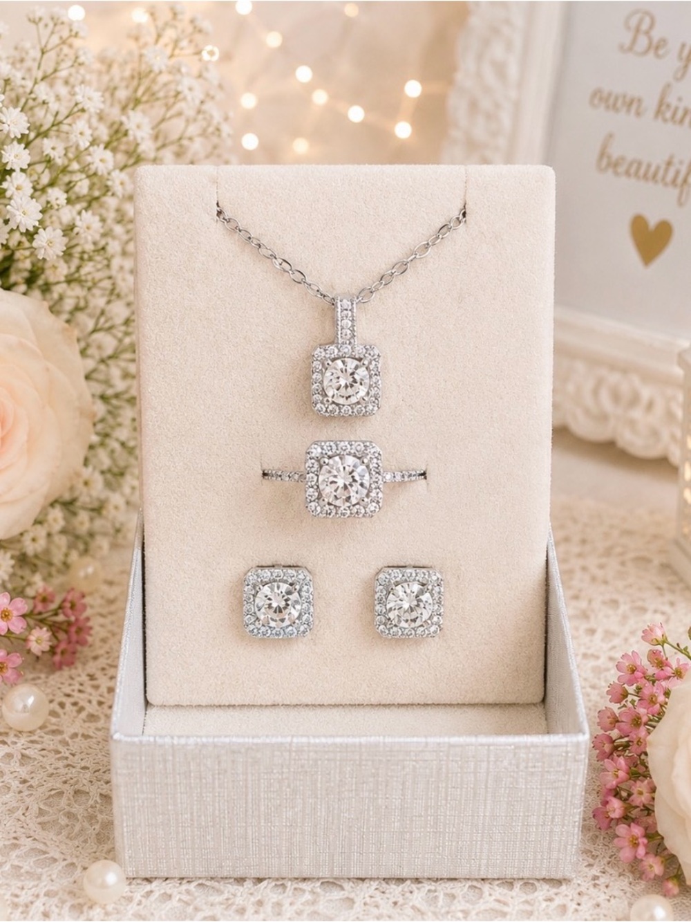 Silver-Tone 3Piece Cubic Zirconia Pendant Necklace & Stud Earring Set -NWOT